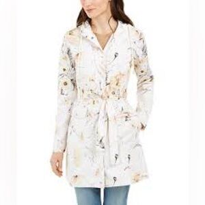 kensie Hooded Floral-Print Water-Resistant Trench Coat